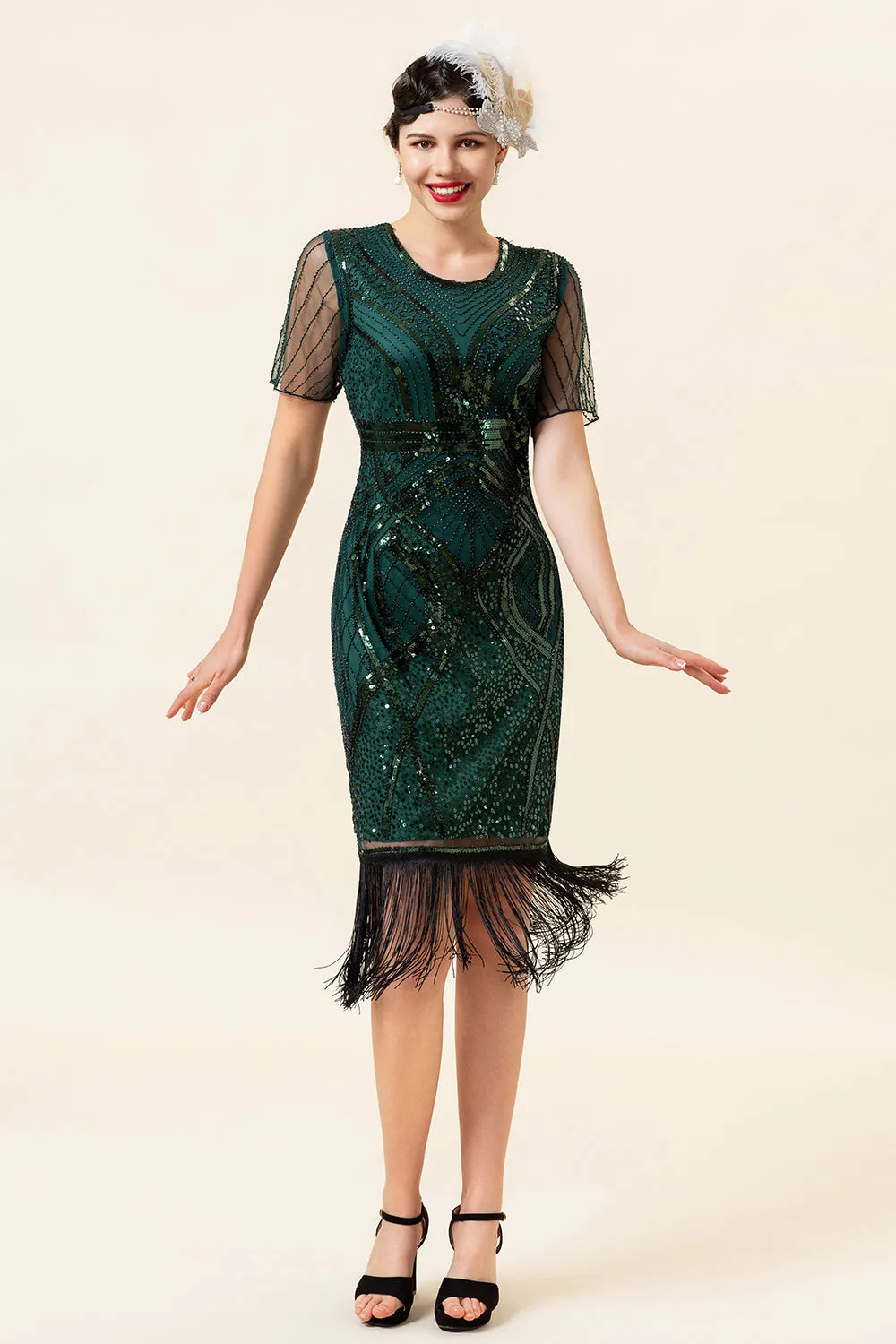 Dark Green Short Sleeves Sequined Fringes 1920s Gatsby Flapper Dress with 20s Accessories Set sold by Zapaka product image thumbnail 2