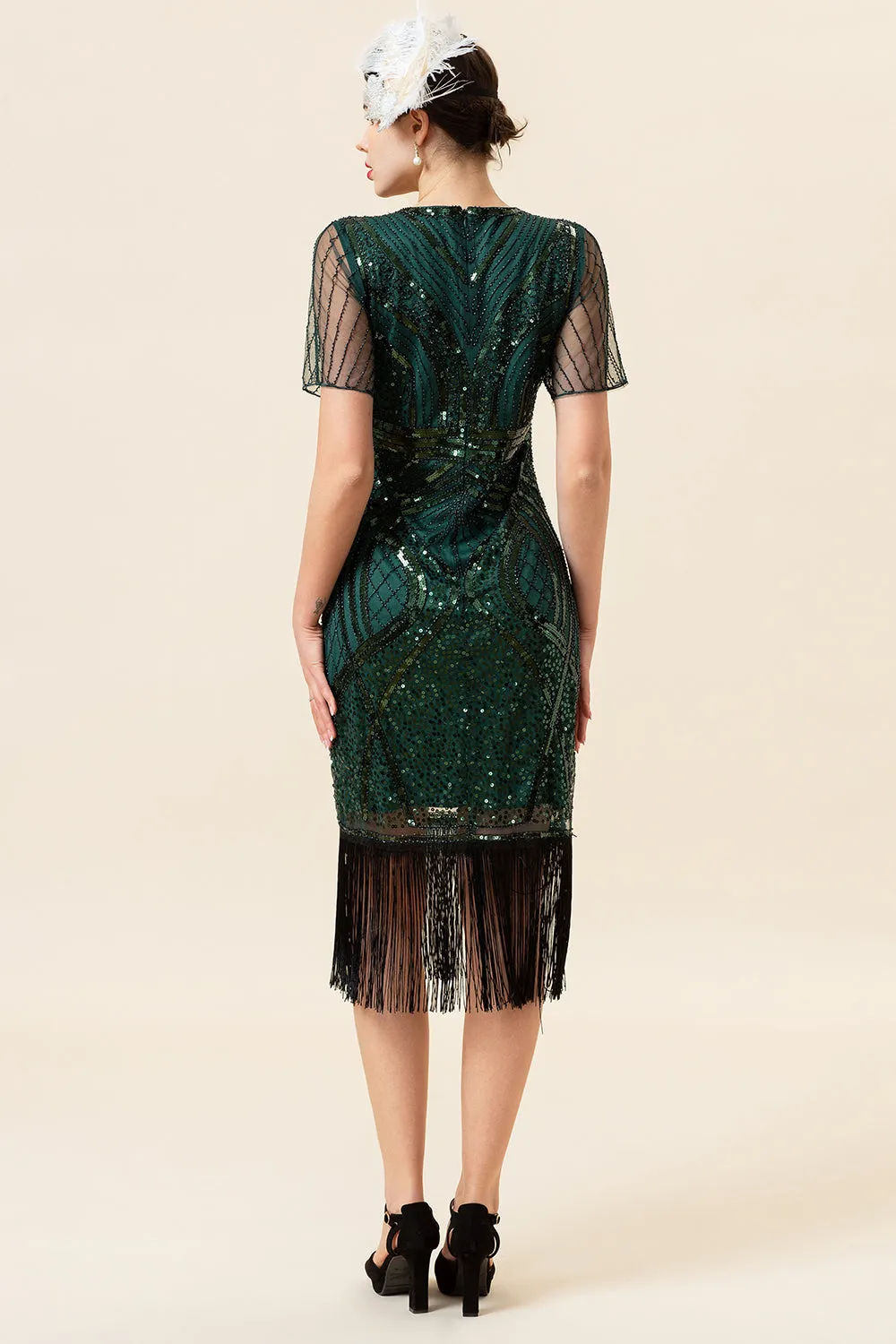 Dark Green Short Sleeves Sequined Fringes 1920s Gatsby Flapper Dress with 20s Accessories Set sold by Zapaka product image thumbnail 3