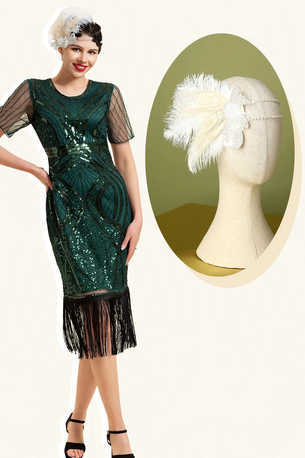 Dark Green Short Sleeves Sequined Fringes 1920s Gatsby Flapper Dress with 20s Accessories Set sold by Zapaka