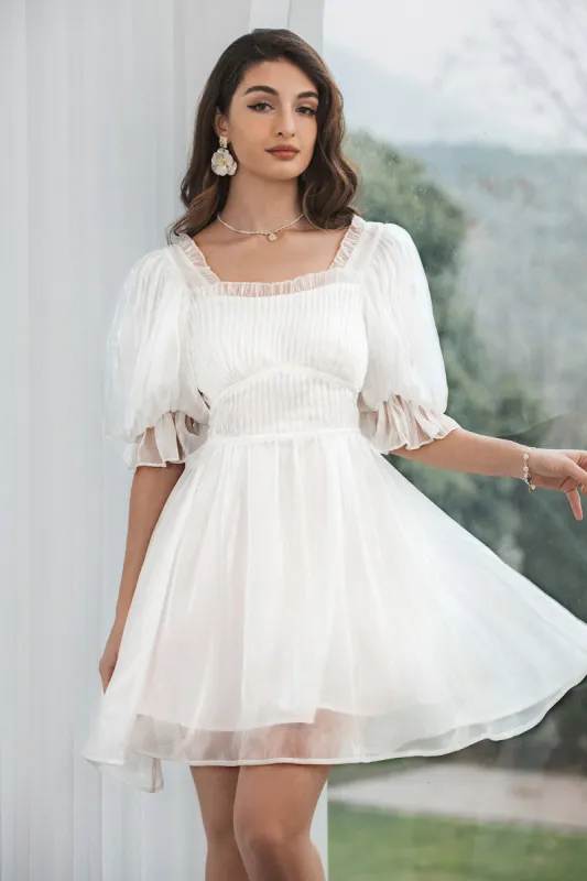 Cute Tulle Pleated White Graduation Dress with Lace-up Back sold by Zapaka