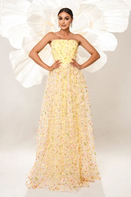 Yellow Floral Strapless Corset Long Prom Dress sold by Zapaka