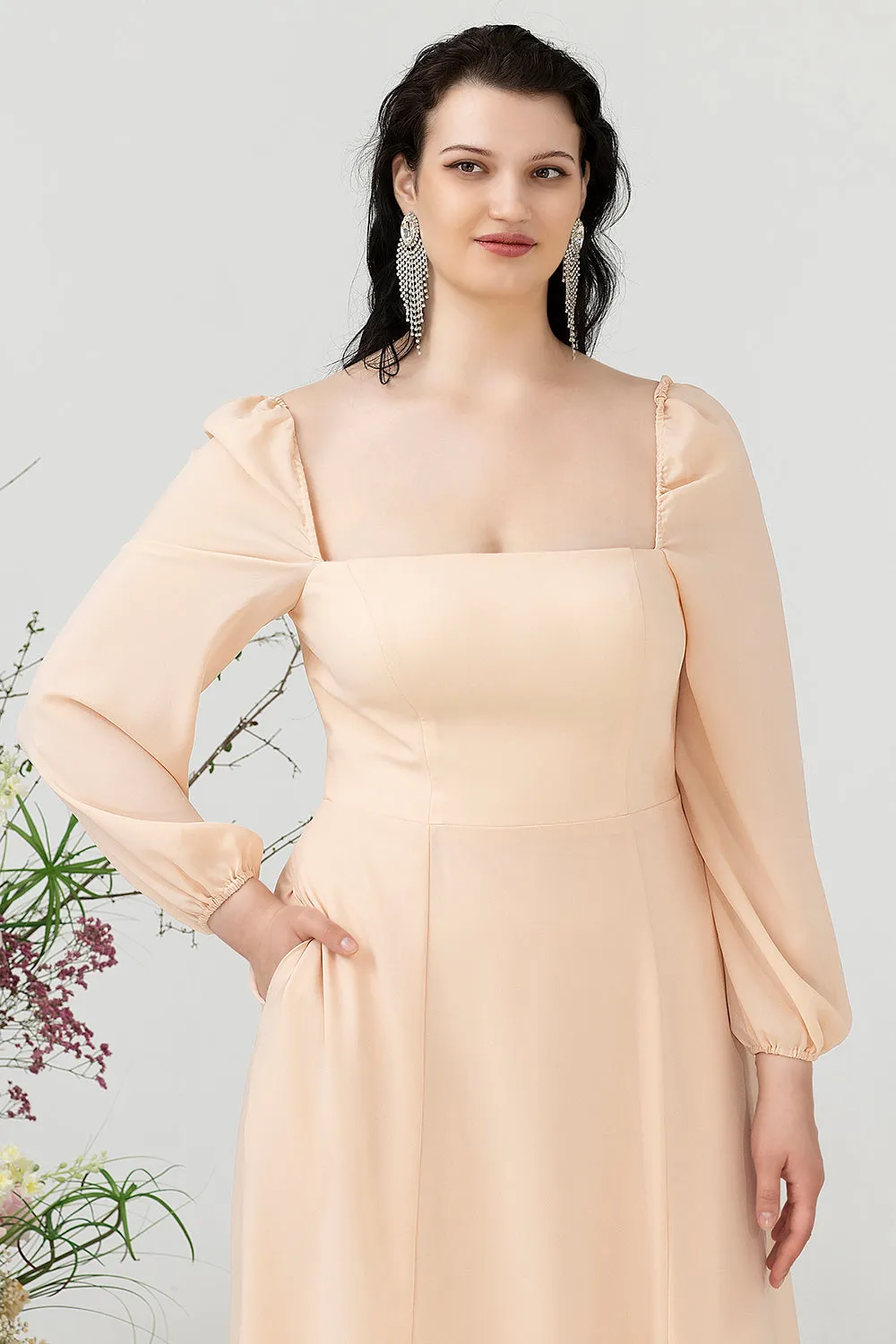 Square Neck Peach Plus Size Bridesmaid Dress with Sleeves sold by Zapaka product image thumbnail 5