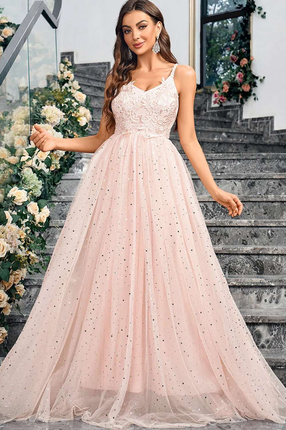 Sparkly Pink A Line Spaghetti Straps Long Prom Dress With Appliques sold by Zapaka product image thumbnail 4