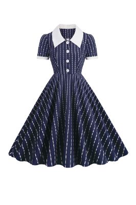Navy Striped Swing Retro Dress With Short Sleeves sold by Zapaka