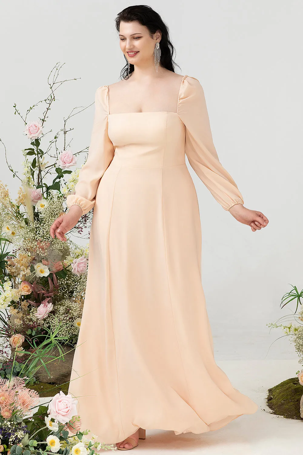 Square Neck Peach Plus Size Bridesmaid Dress with Sleeves sold by Zapaka product image thumbnail 4