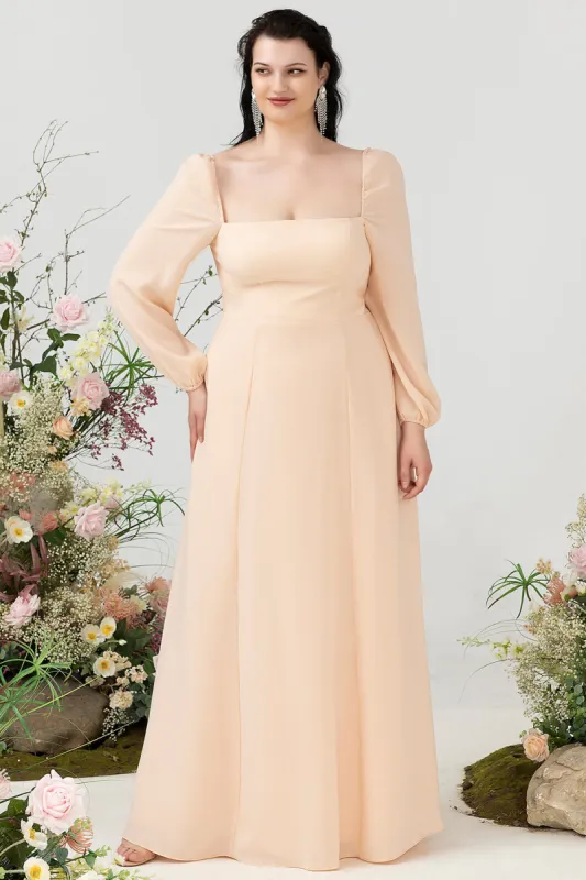 Square Neck Peach Plus Size Bridesmaid Dress with Sleeves made by Zapaka