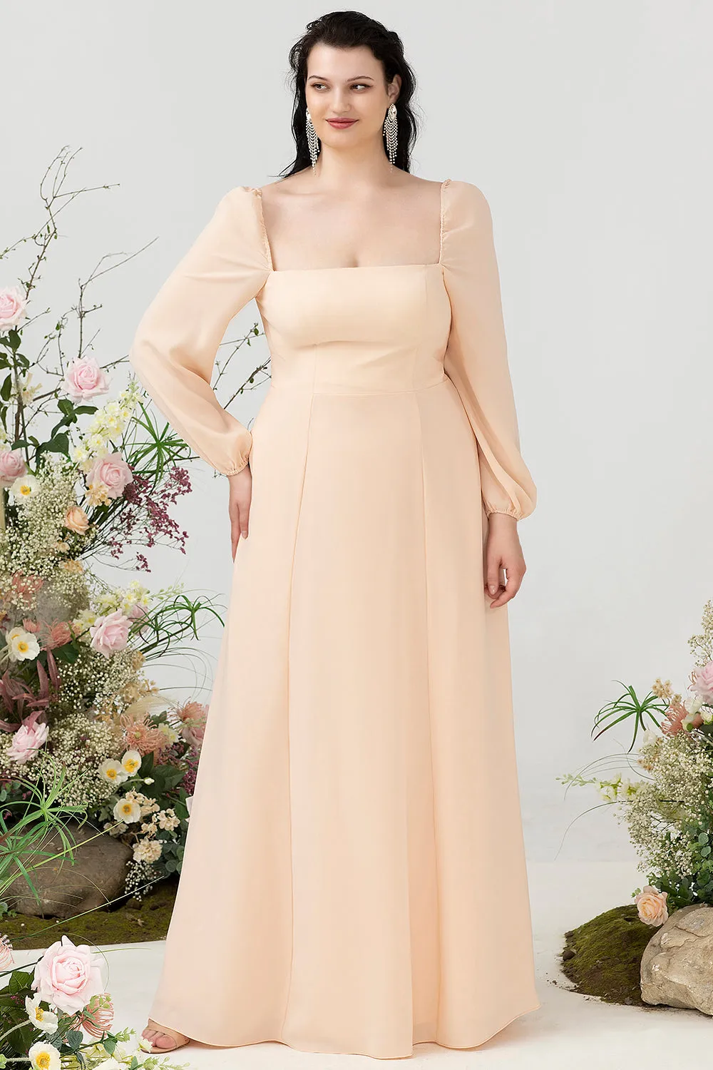Square Neck Peach Plus Size Bridesmaid Dress with Sleeves sold by Zapaka
