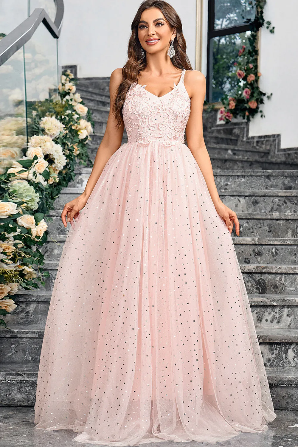 Sparkly Pink A Line Spaghetti Straps Long Prom Dress With Appliques sold by Zapaka product image thumbnail 5