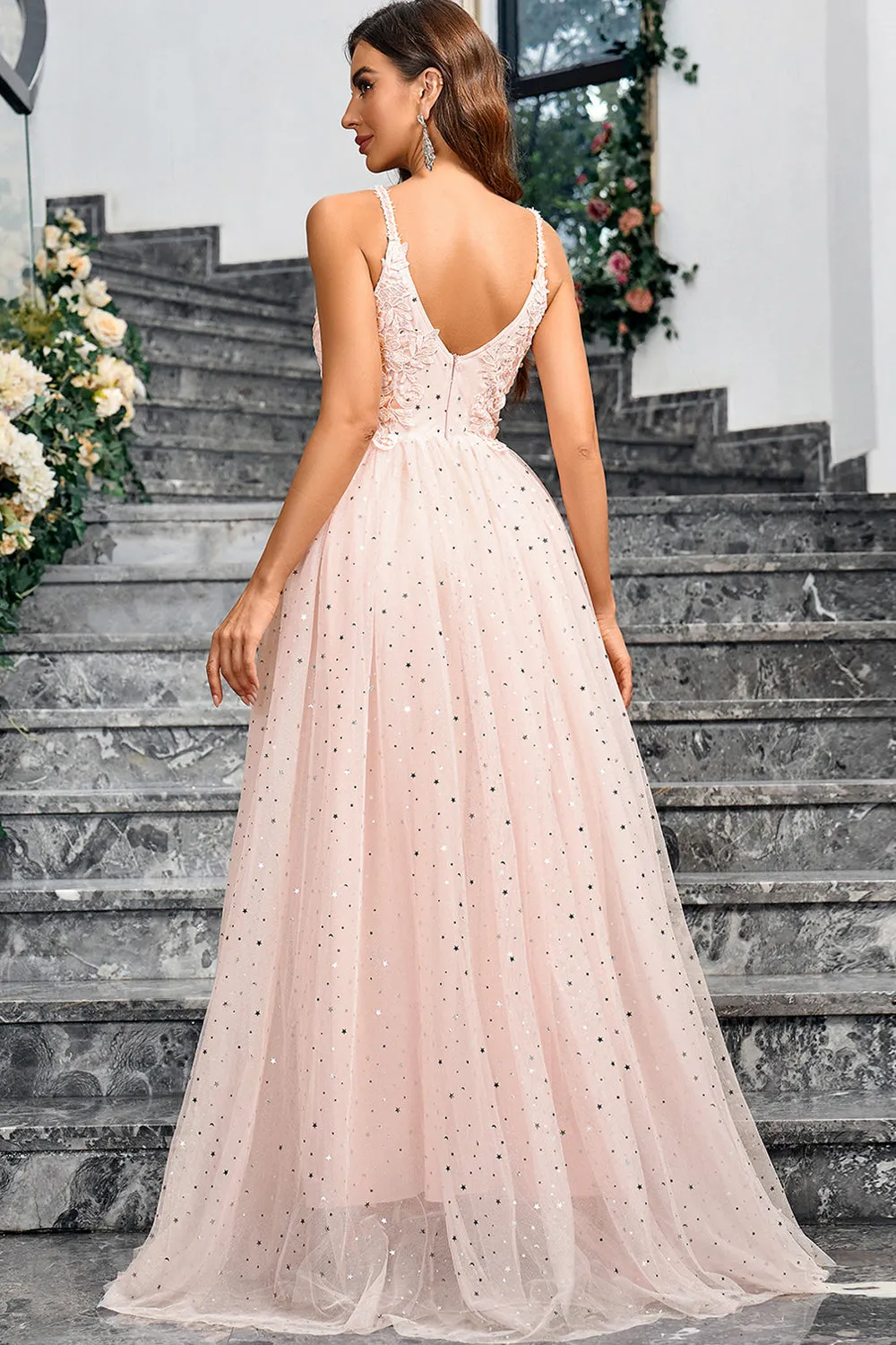 Sparkly Pink A Line Spaghetti Straps Long Prom Dress With Appliques sold by Zapaka product image thumbnail 2