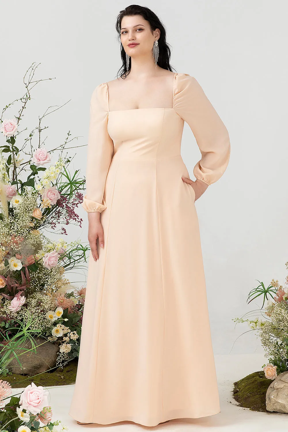 Square Neck Peach Plus Size Bridesmaid Dress with Sleeves sold by Zapaka product image thumbnail 3