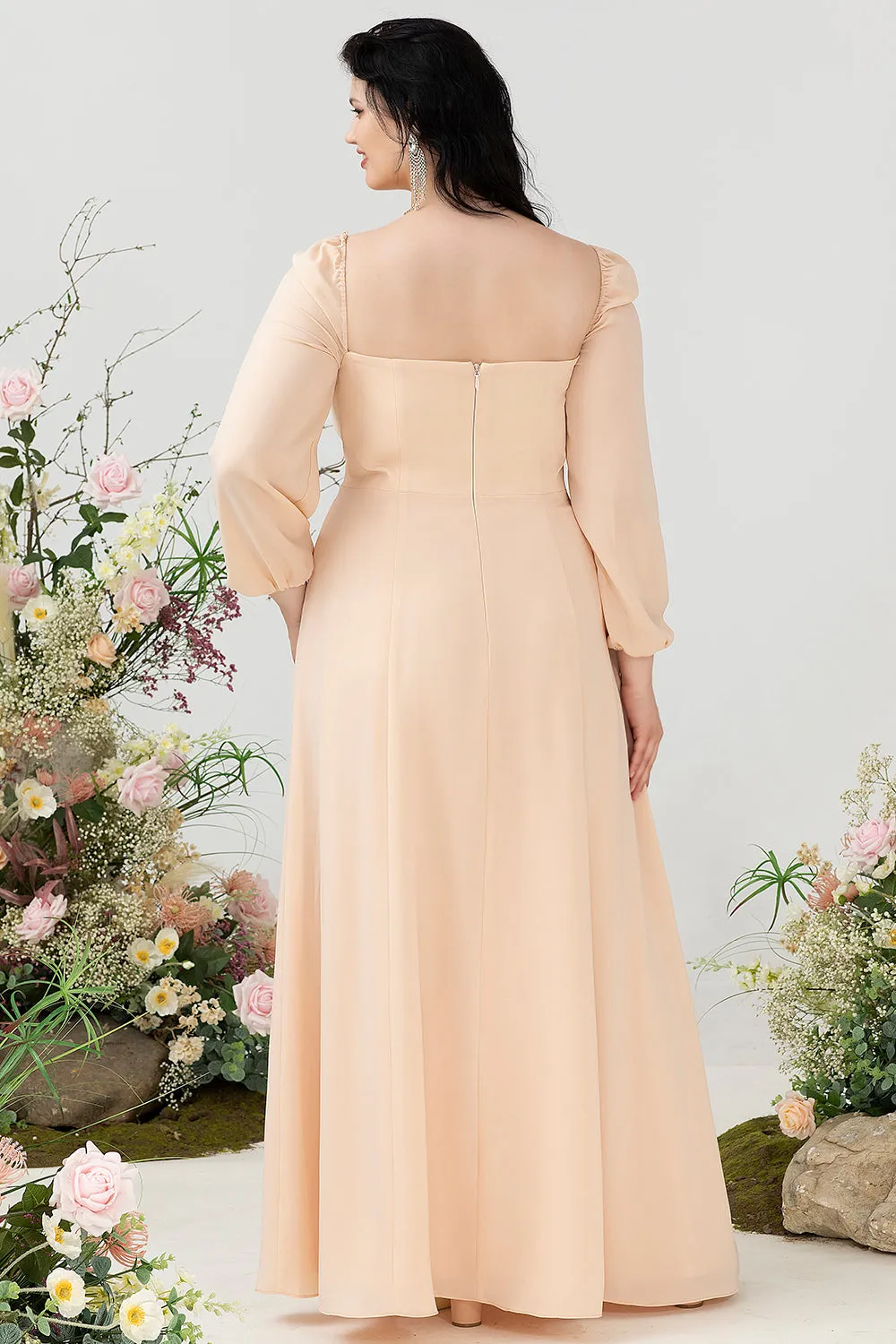 Square Neck Peach Plus Size Bridesmaid Dress with Sleeves sold by Zapaka product image thumbnail 2