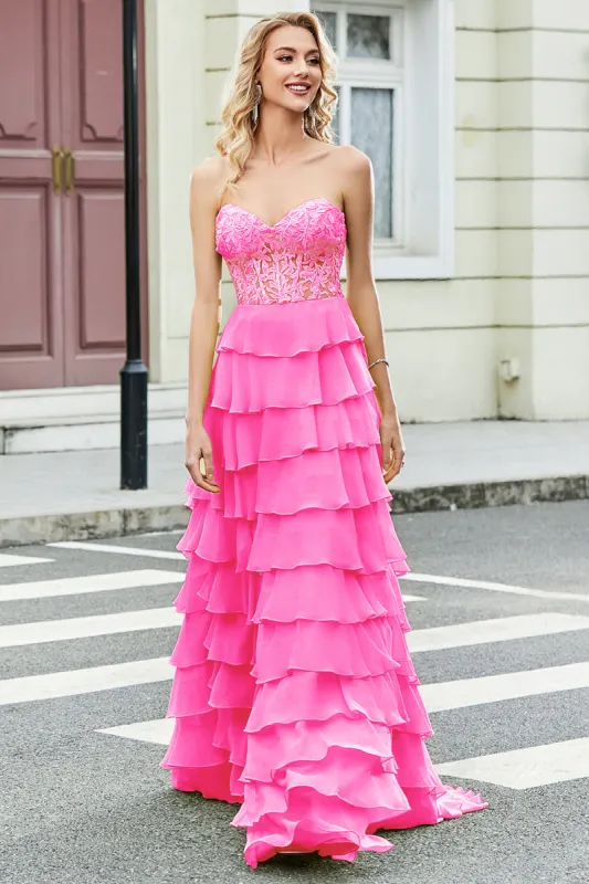Gorgeous A Line Sweetheart Corset Hot Pink Prom Dress with Appliques Ruffles sold by Zapaka