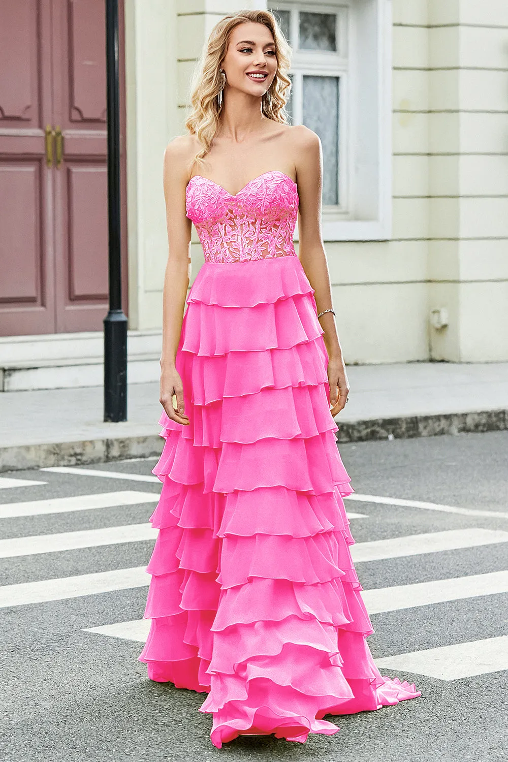 Gorgeous A Line Sweetheart Corset Hot Pink Prom Dress with Appliques Ruffles sold by Zapaka