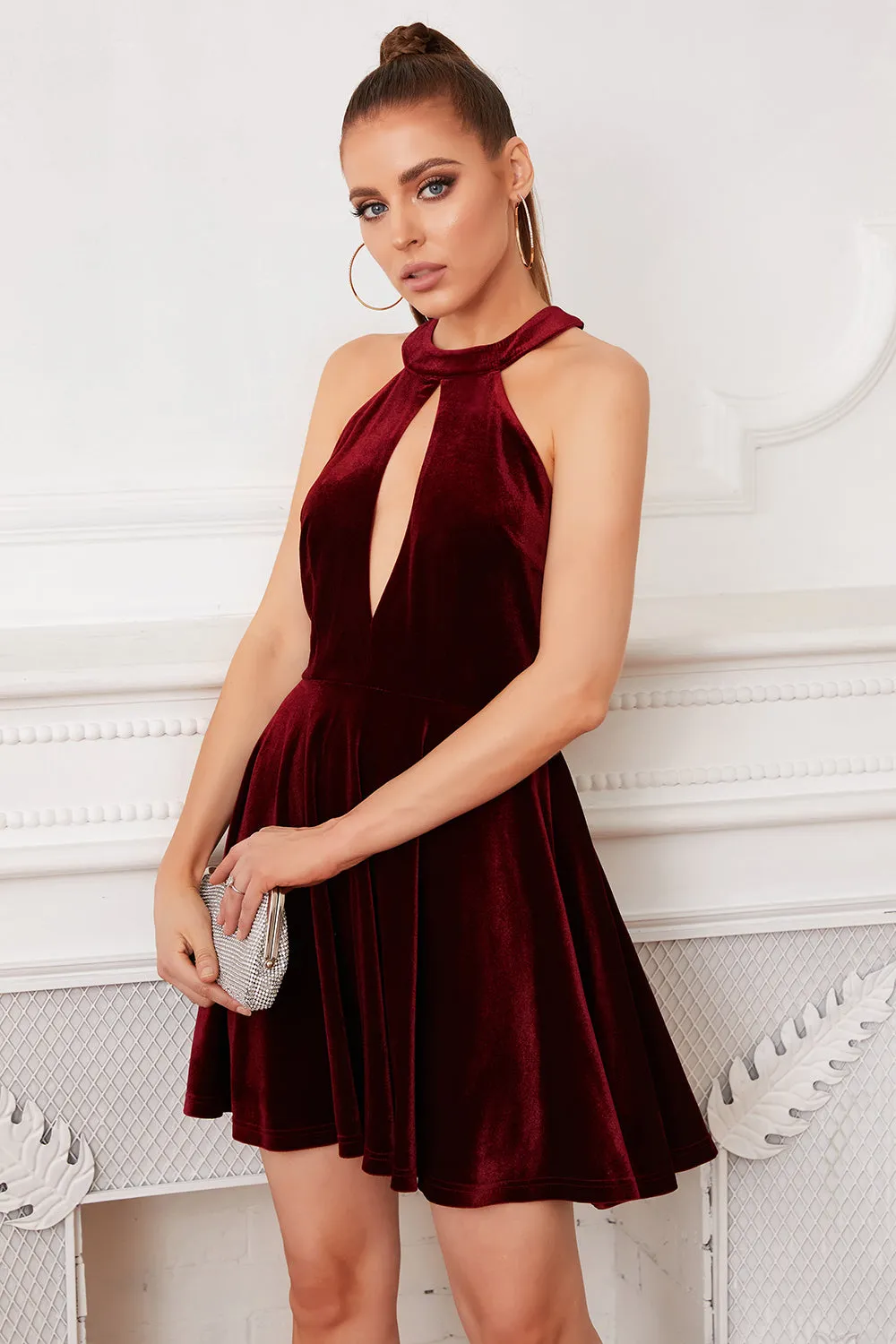 Burgundy Halter Keyhole Mini Velvet Dress sold by Zapaka product image thumbnail 4