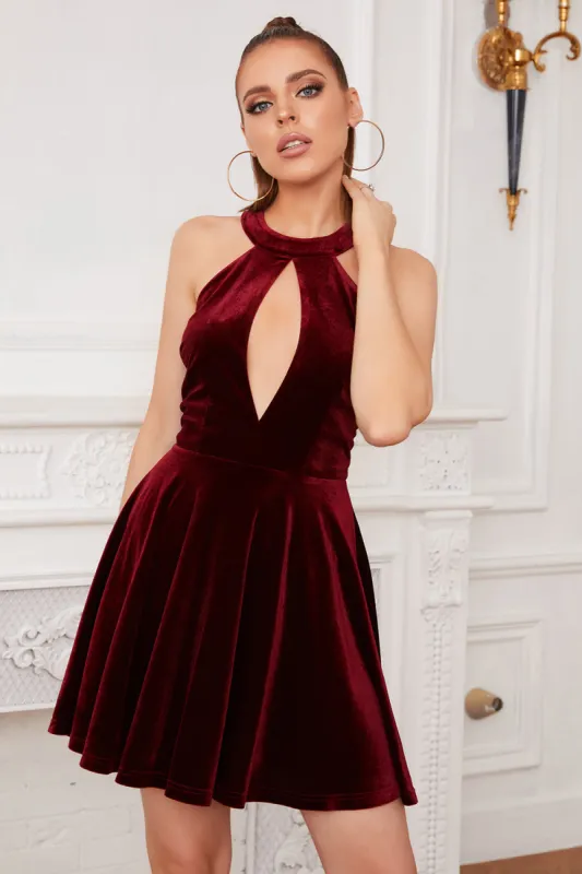 Burgundy Halter Keyhole Mini Velvet Dress sold by Zapaka