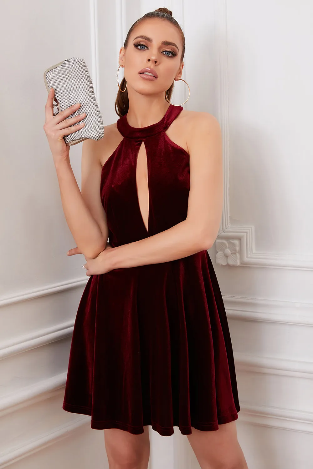 Burgundy Halter Keyhole Mini Velvet Dress sold by Zapaka product image thumbnail 5