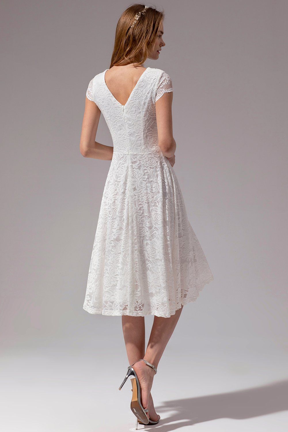 V Neck Midi White Lace Dress sold by Zapaka product image thumbnail 2
