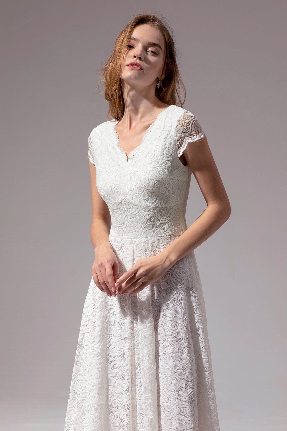 V Neck Midi White Lace Dress sold by Zapaka product image thumbnail 4