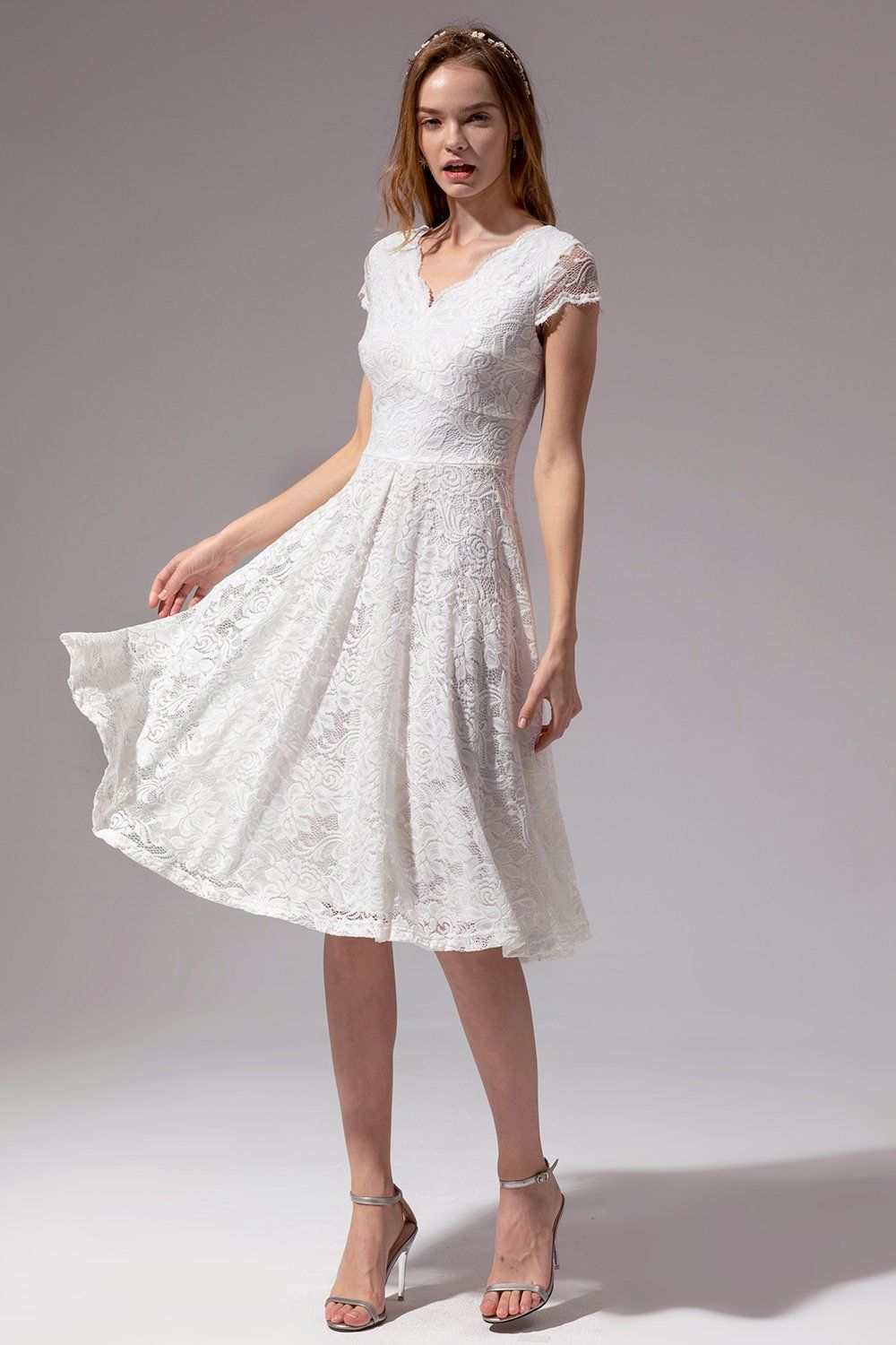 V Neck Midi White Lace Dress sold by Zapaka