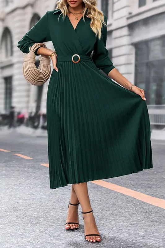 Dark Green Long Sleeves Casual Dress with Belt sold by Zapaka