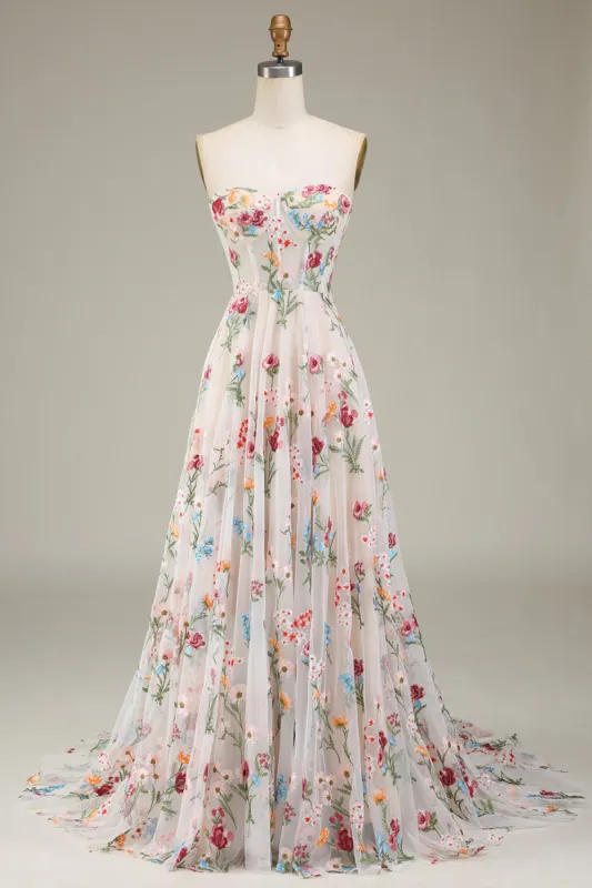 A-Line Sweetheart Sheer Corset Embroidered Maxi Floral Dress with Lace Up Back sold by Zapaka