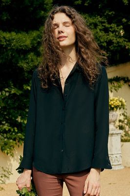 Black Long Sleeves Button Down Women Silk Blouse sold by Zapaka