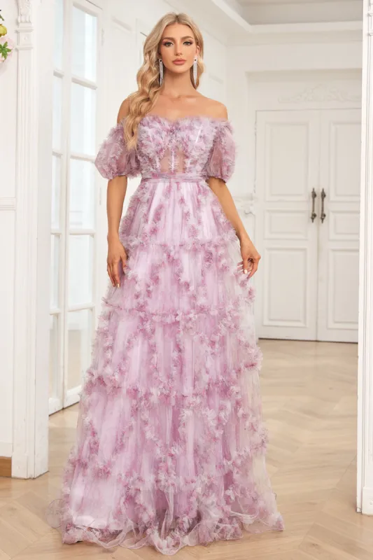 Charming A Line Off the Shoulder Purple Long Prom Dress with Printing sold by Zapaka