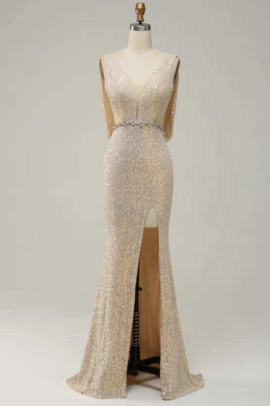Sheath Deep V Neck Champagne Sequins Long Prom Dress with Split Front sold by Zapaka