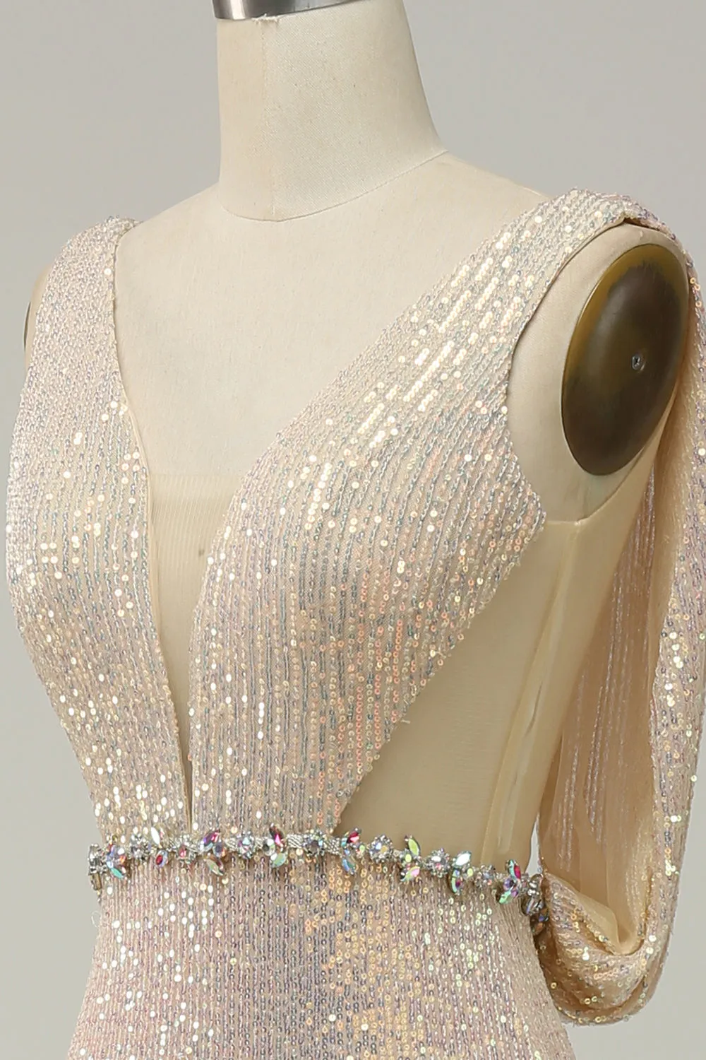 Sheath Deep V Neck Champagne Sequins Long Prom Dress with Split Front sold by Zapaka product image thumbnail 5