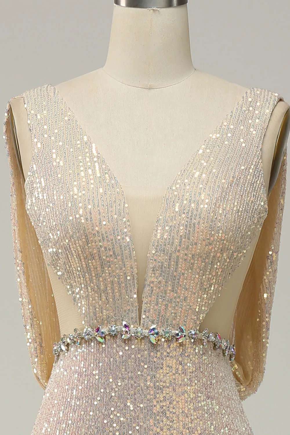 Sheath Deep V Neck Champagne Sequins Long Prom Dress with Split Front sold by Zapaka product image thumbnail 4