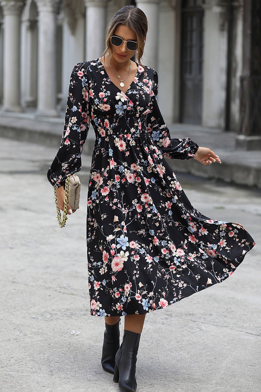 Floral Printed V-neck Long Sleeves Casual Dress sold by Zapaka