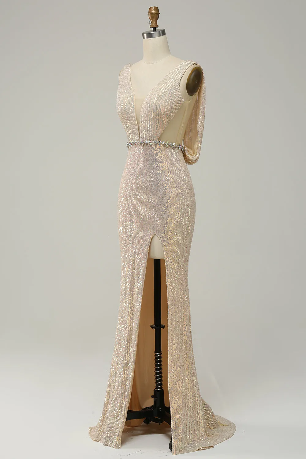Sheath Deep V Neck Champagne Sequins Long Prom Dress with Split Front sold by Zapaka product image thumbnail 3