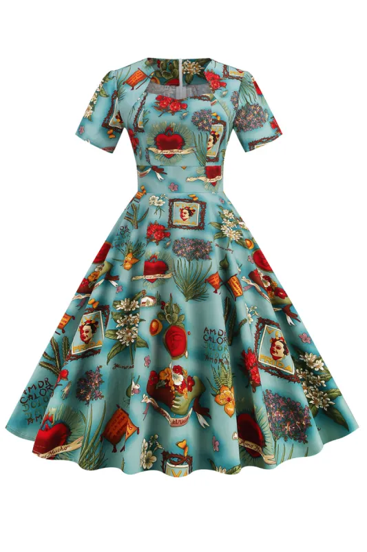 Green Floral Vintage 1950s Dress with Sleeves sold by Zapaka