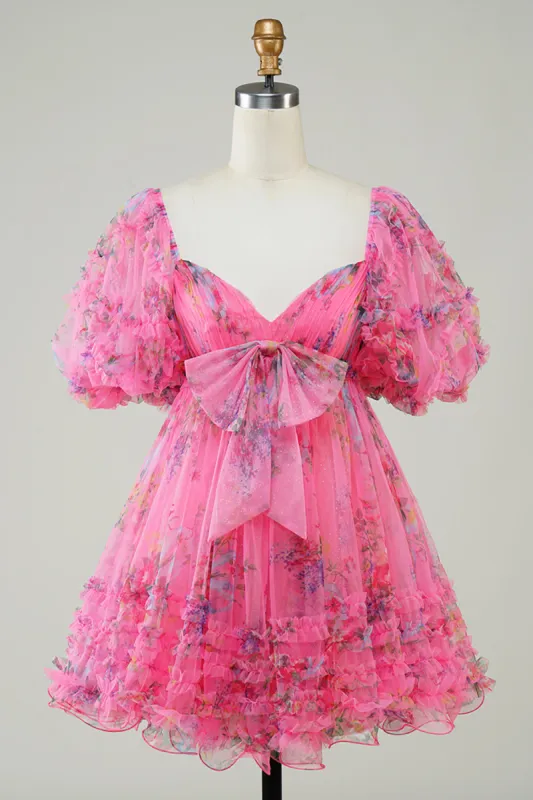 Hot Pink Off The shoulder Printed Cute Floral Homecoming Dress with Bow sold by Zapaka