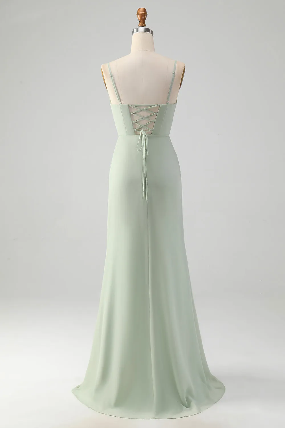 Matcha A Line Spaghetti Straps Satin Long Bridesmaid Dress with Lace Up Back sold by Zapaka product image thumbnail 2