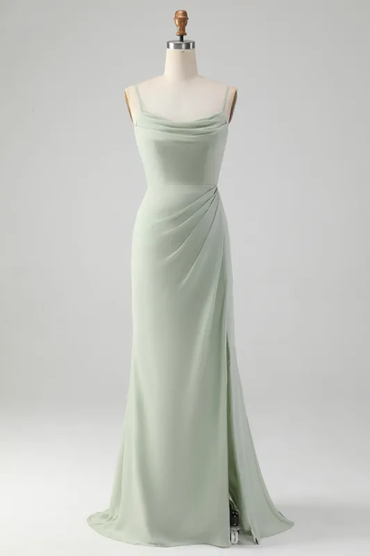 Matcha A Line Spaghetti Straps Satin Long Bridesmaid Dress with Lace Up Back sold by Zapaka