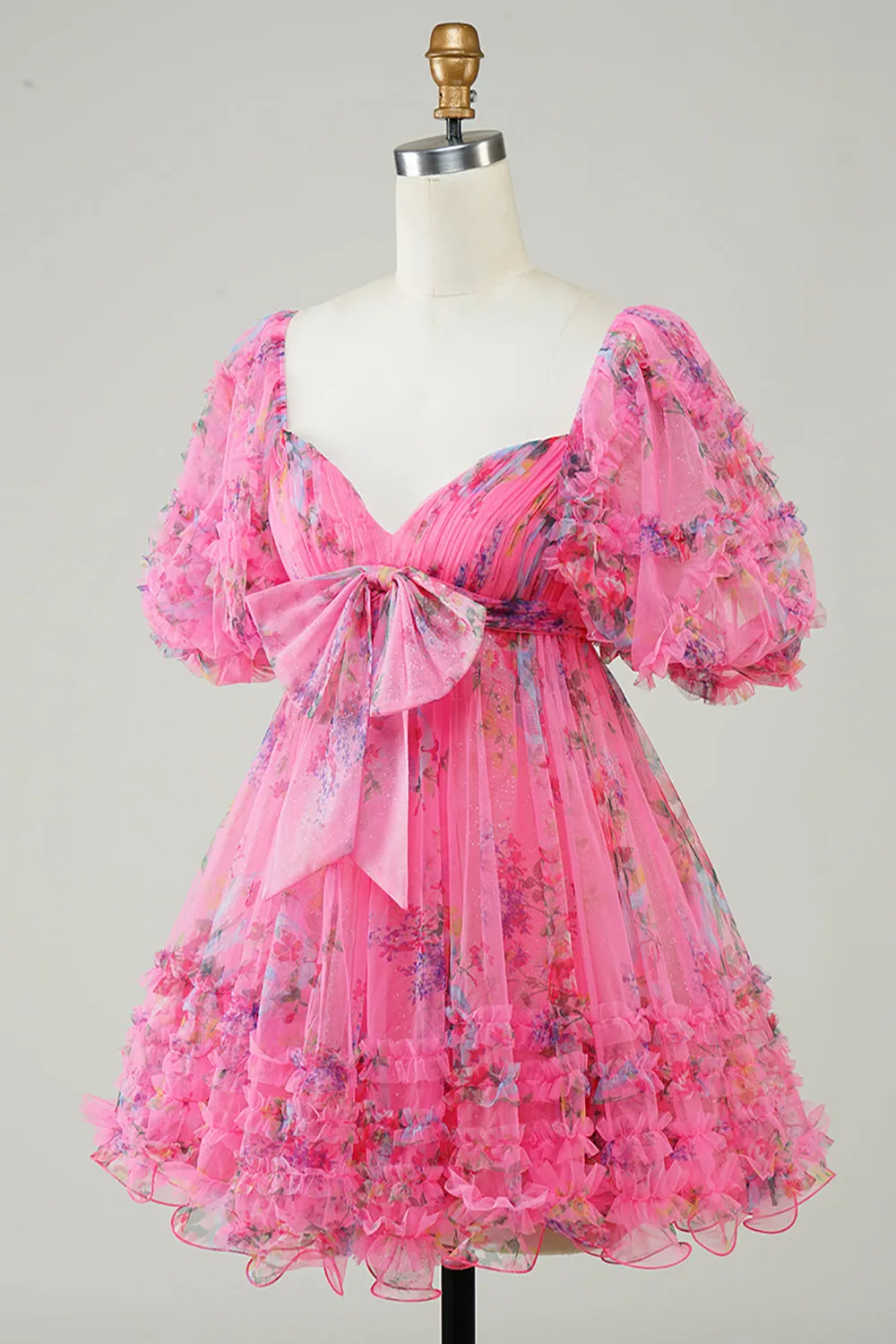 Hot Pink Off The shoulder Printed Cute Floral Homecoming Dress with Bow sold by Zapaka product image thumbnail 3