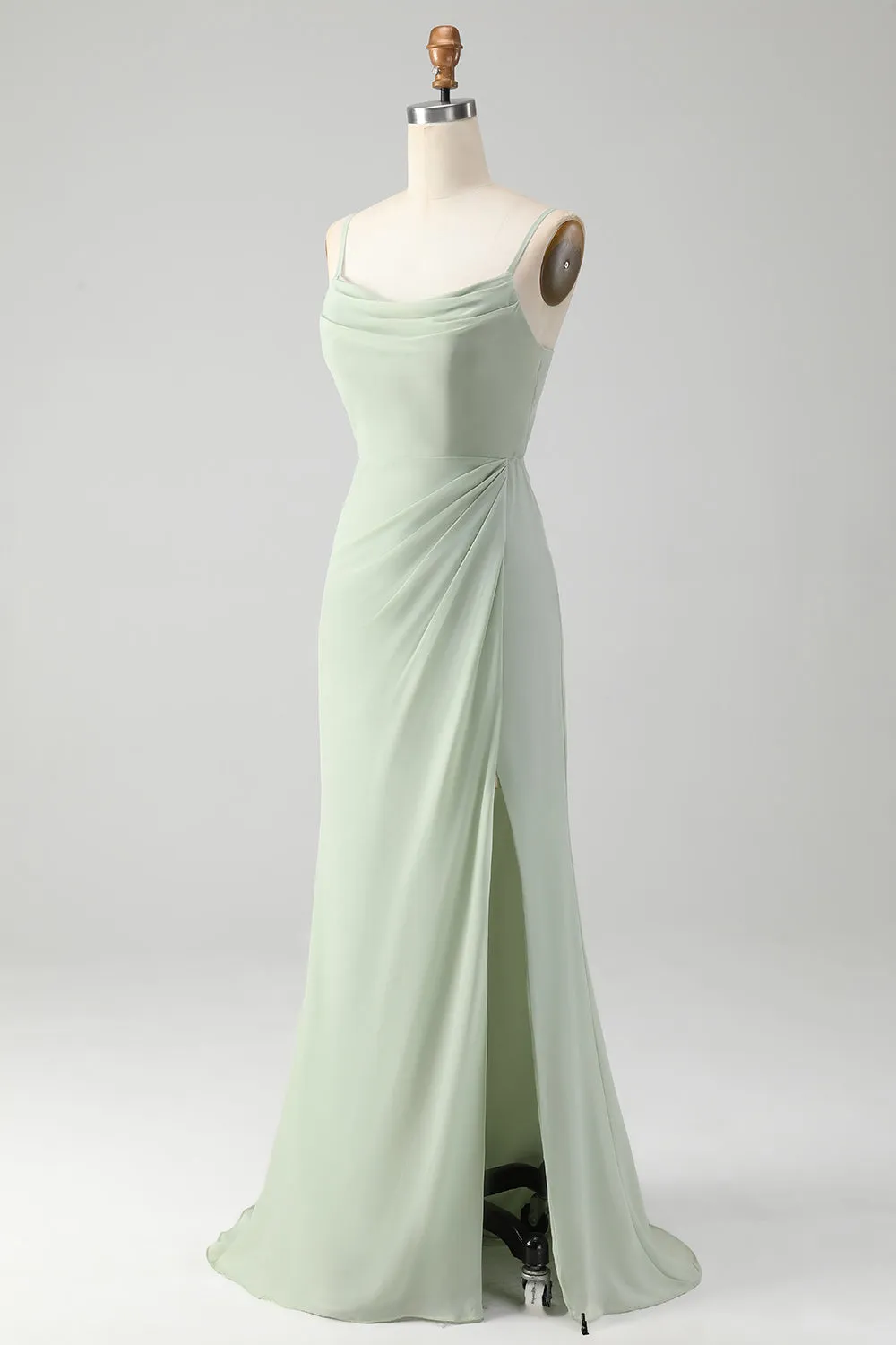 Matcha A Line Spaghetti Straps Satin Long Bridesmaid Dress with Lace Up Back sold by Zapaka product image thumbnail 3