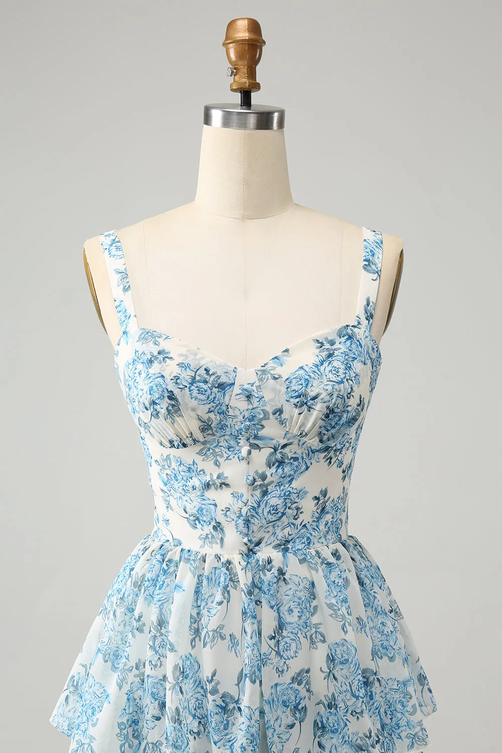 White Blue Corset Tiered Floral Wedding Guest Dress sold by Zapaka product image thumbnail 4