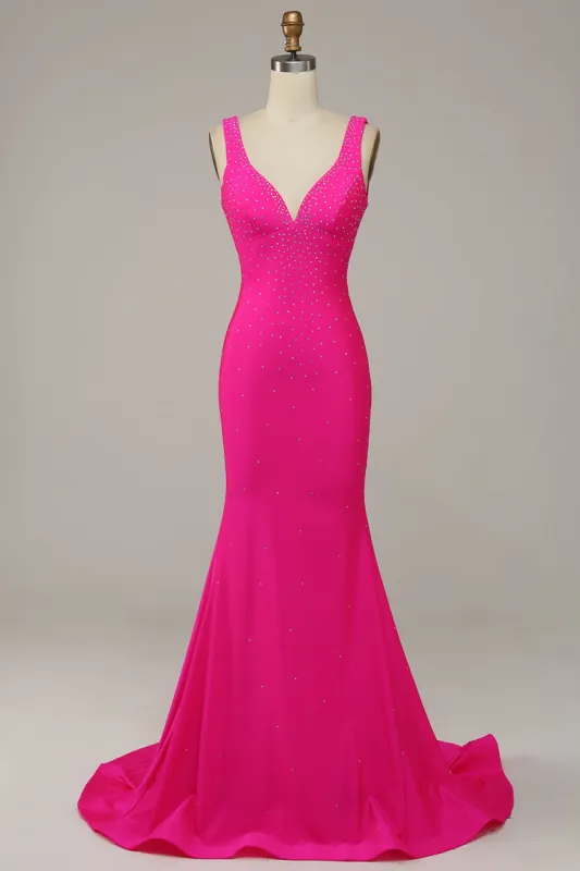 Fuchsia Mermaid V-Neck Beaded Prom Dress sold by Zapaka