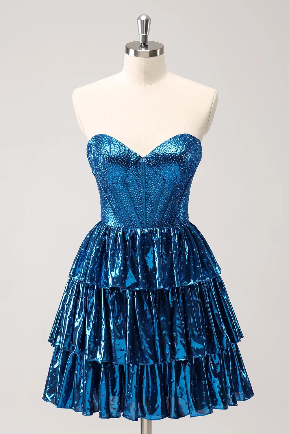 Peacock Blue A Line Strapless Corset Tiered Short Homecoming Dress sold by Zapaka