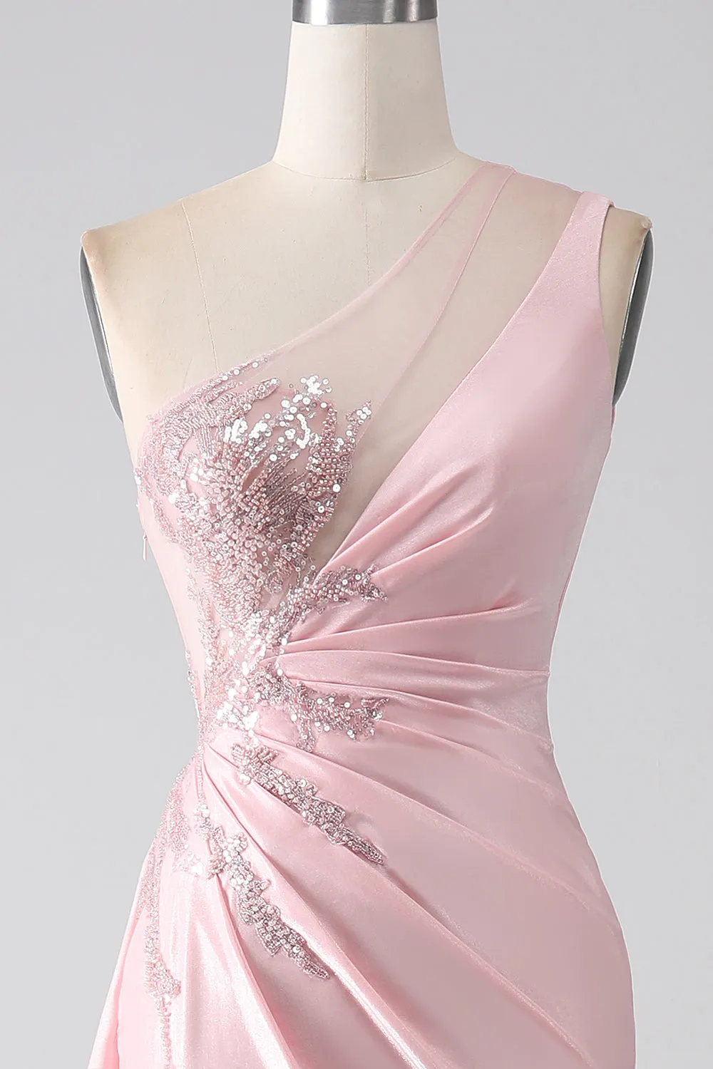 Pink Mermaid One Shoulder Sequins Appliques Ruched Prom Dress With Slit sold by Zapaka product image thumbnail 4