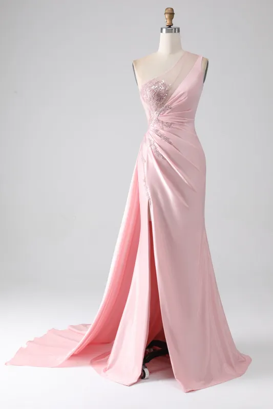 Pink Mermaid One Shoulder Sequins Appliques Ruched Prom Dress With Slit sold by Zapaka