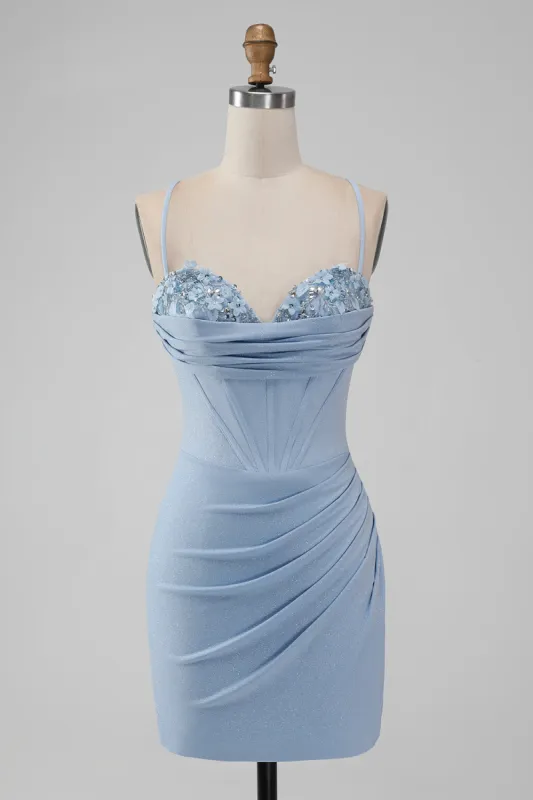 Light Blue Bodycon Corset Spaghetti Straps Short Homecoming Dress sold by Zapaka
