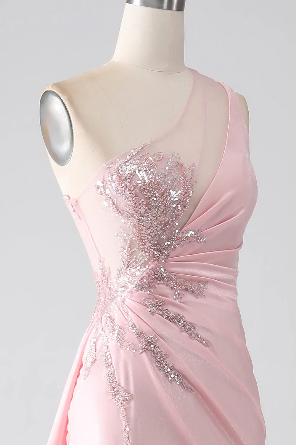Pink Mermaid One Shoulder Sequins Appliques Ruched Prom Dress With Slit sold by Zapaka product image thumbnail 5