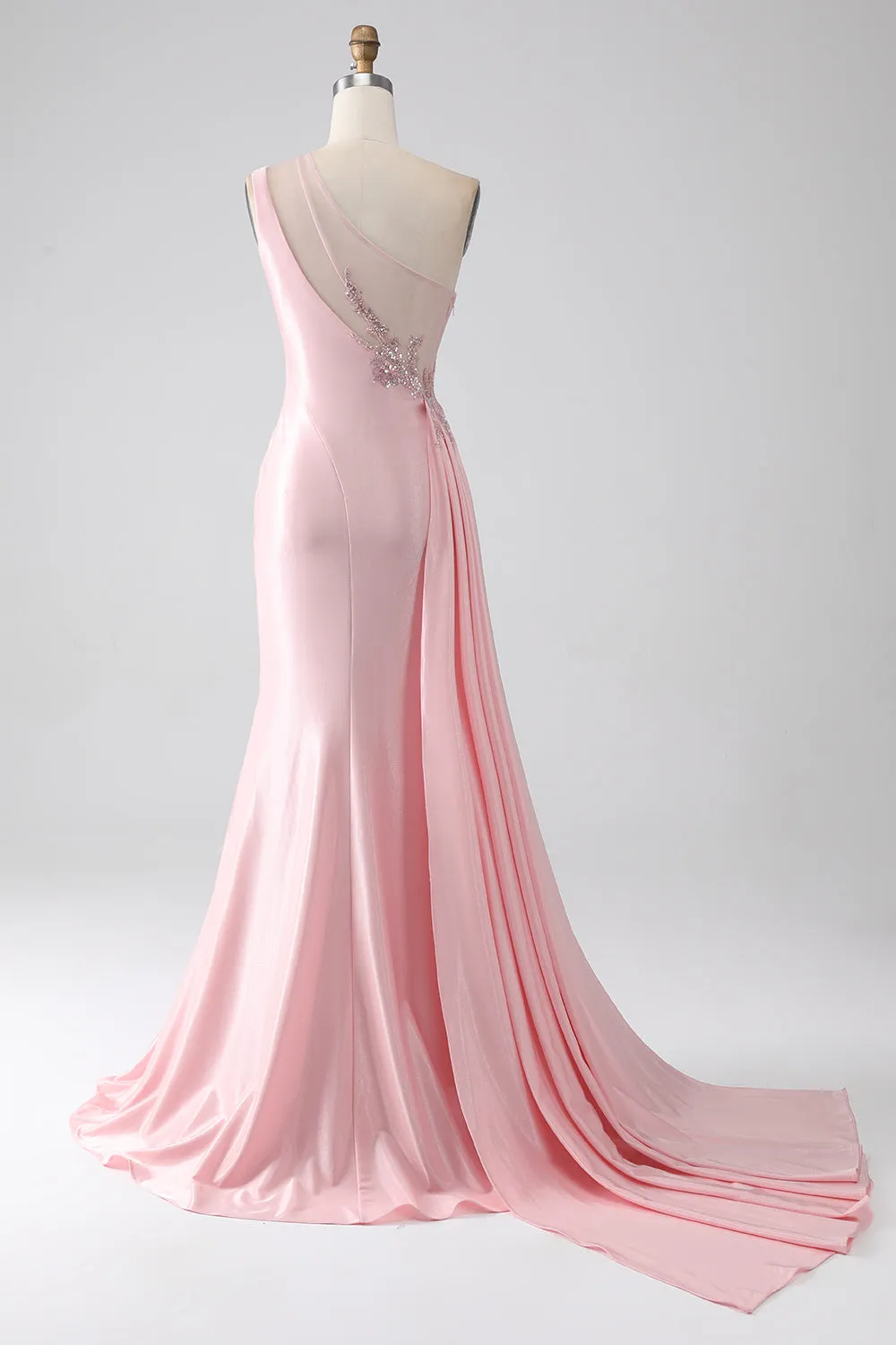 Pink Mermaid One Shoulder Sequins Appliques Ruched Prom Dress With Slit sold by Zapaka product image thumbnail 2