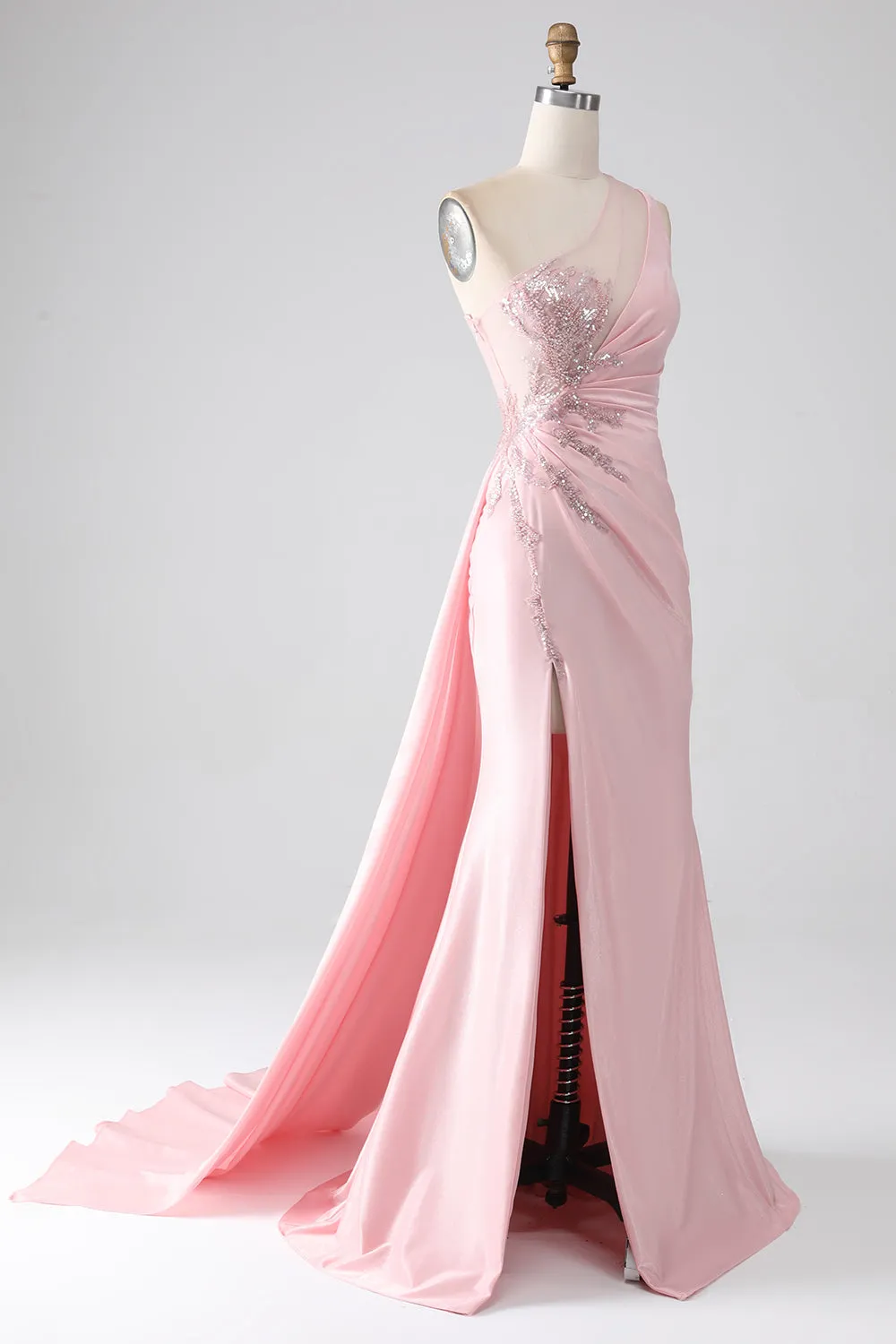 Pink Mermaid One Shoulder Sequins Appliques Ruched Prom Dress With Slit sold by Zapaka product image thumbnail 3