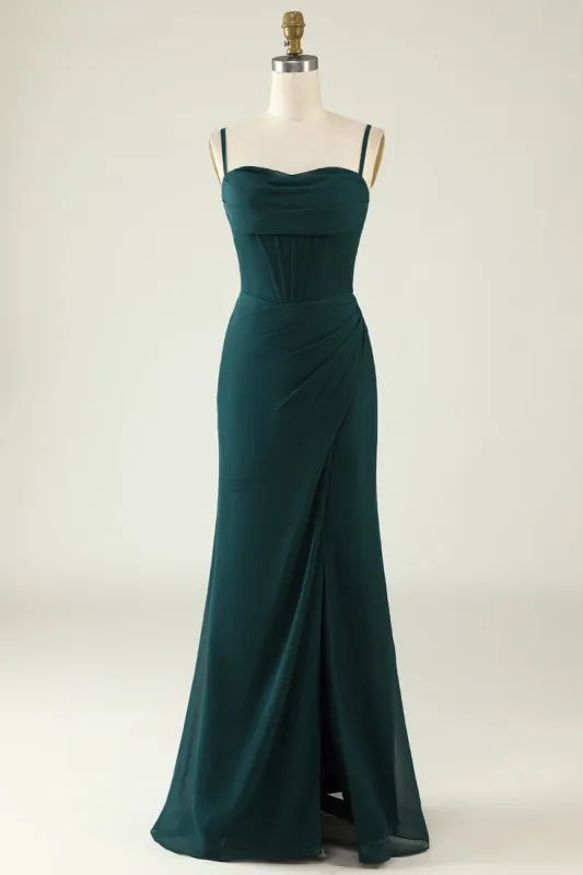 Sheath Spaghetti Straps Dark Green Long Wedding Guest Dress with Split Front sold by Zapaka