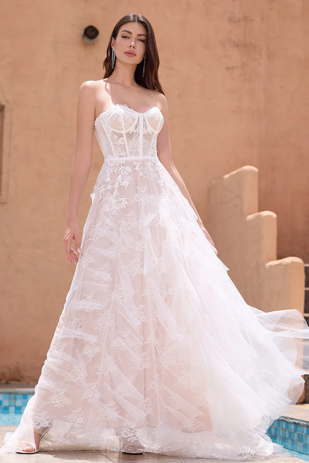 White A Line Sweetheart Sweep Train Corset Ruffle Wedding Dress with Applique Lace sold by Zapaka product image thumbnail 3