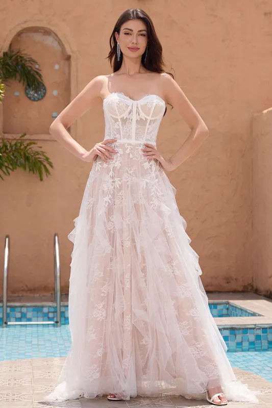 White A Line Sweetheart Sweep Train Corset Ruffle Wedding Dress with Applique Lace sold by Zapaka